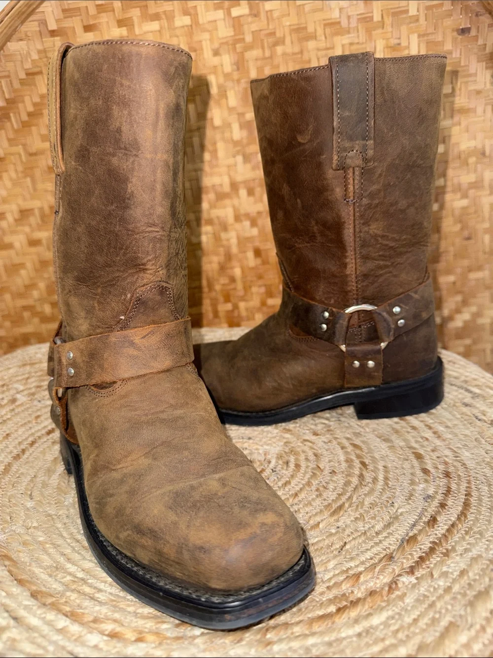 Old West Brown Leather Kids Engineer Harness Motorcycle Boots 13.0 D
